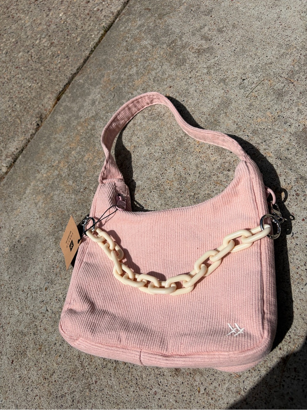 Corduroy Mini Shoulder Bag with Cream Chain Accent - Pink